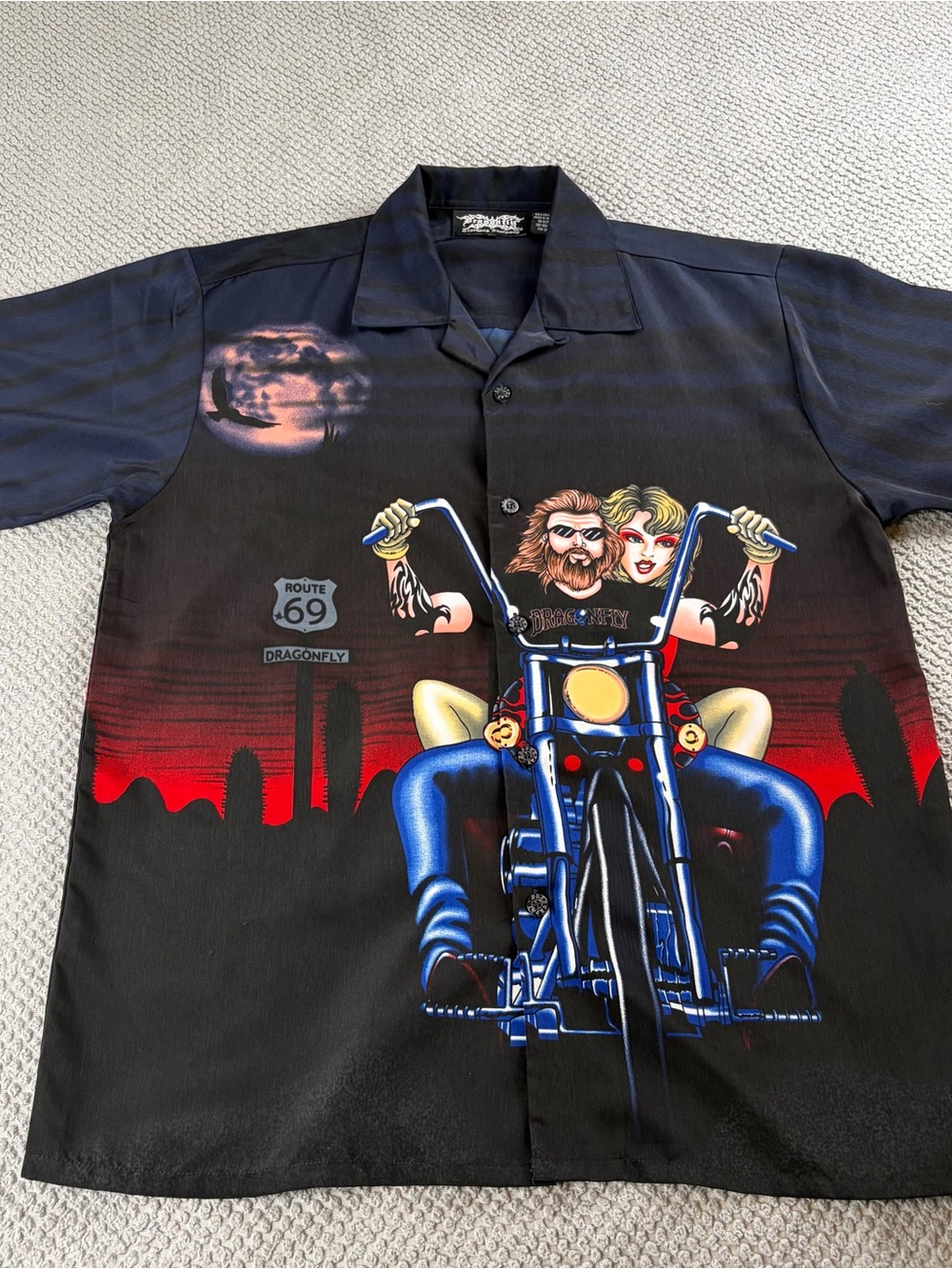 Black & Red Biker Graphic Camp Shirt - Motorbike Print